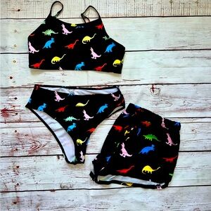 SHEIN colorful Dinosaur two-piece bikini set w/matching shorts youth size medium
